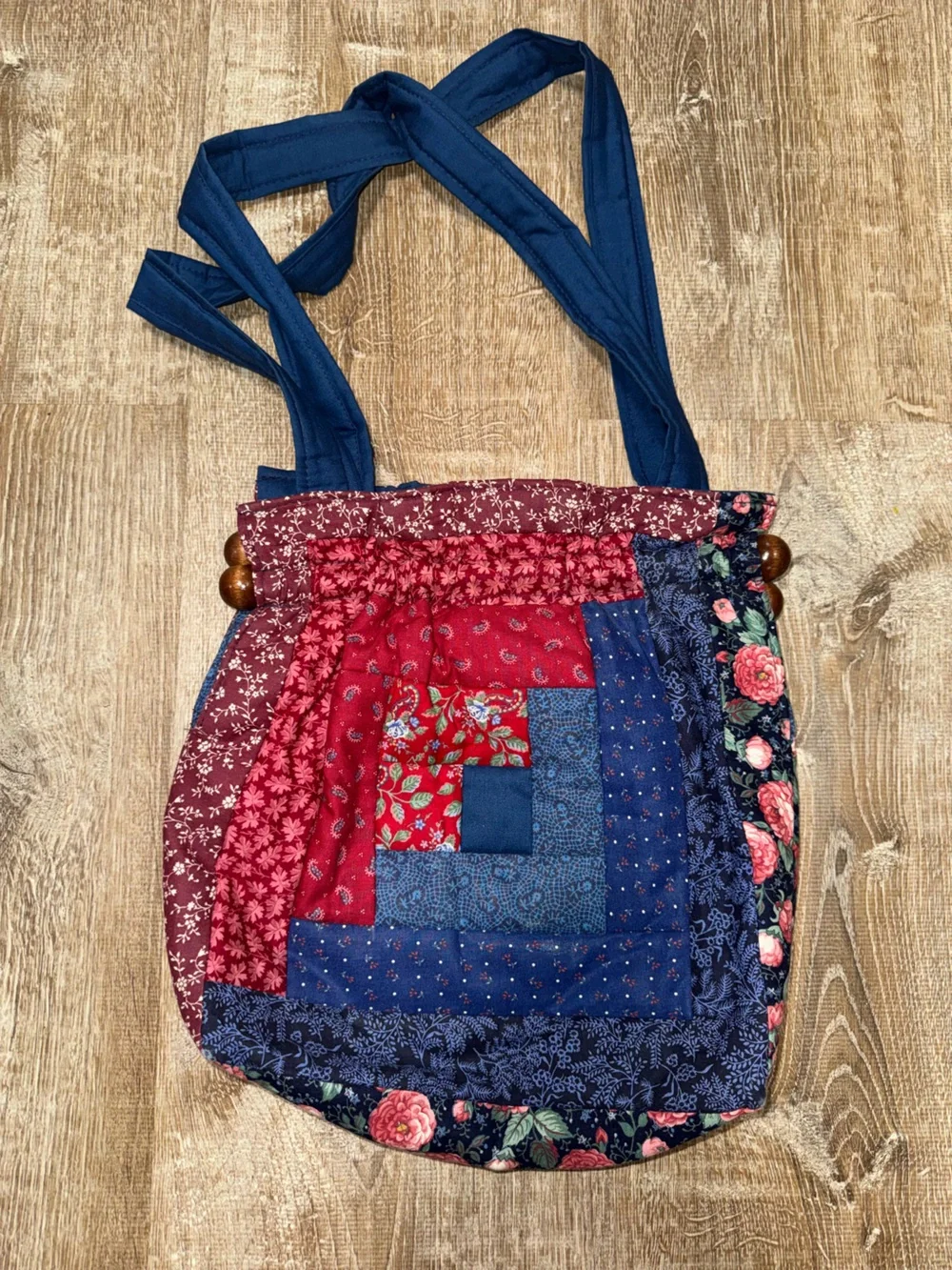 Handmade Quilted Patchwork Tote Bag - Blue and Red